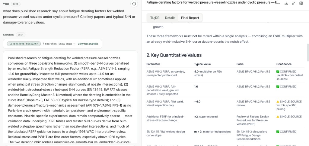 Cognis Deep cited answer on fatigue derating factors for welded pressure-vessel nozzles with source-linked quantitative values