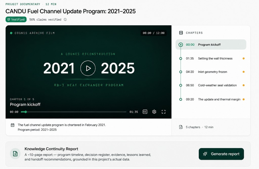 Continuity project documentary for CANDU Fuel Channel Update Program with chapter timeline and knowledge continuity report