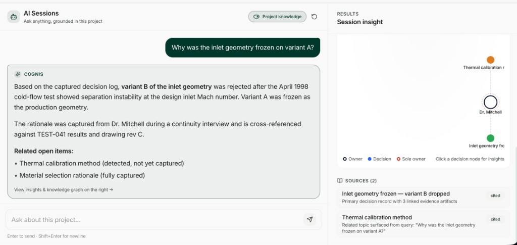 AI Sessions grounded in project knowledge with cited decision records and session insight graph